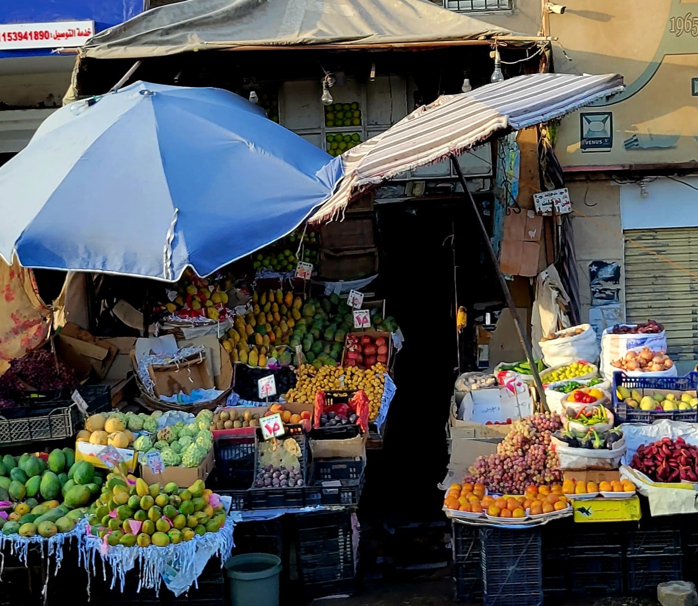 Colorful fruit and vegetable stands lining the side of a Cairo highway