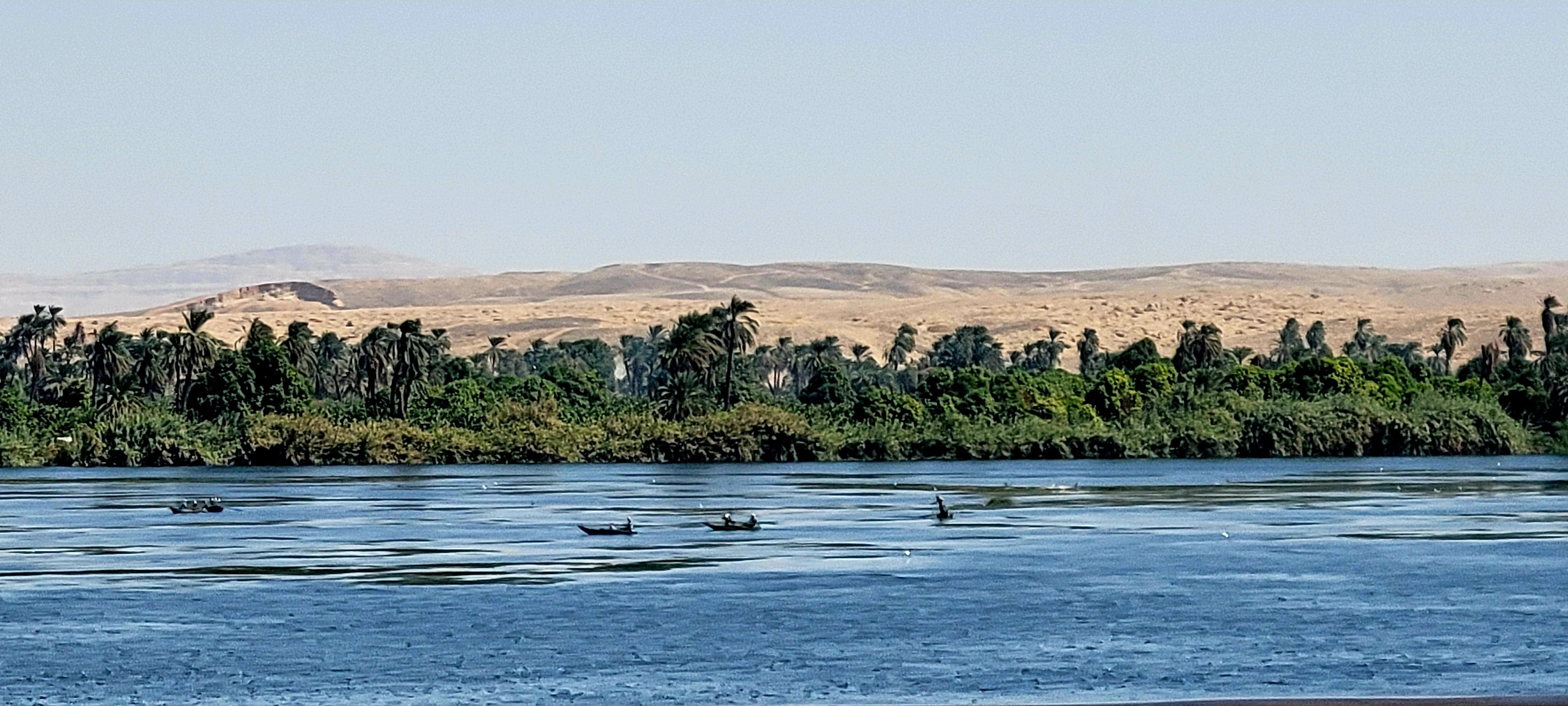 Wide view of the Nile from a boat, with palm trees and desert hills lining the banks