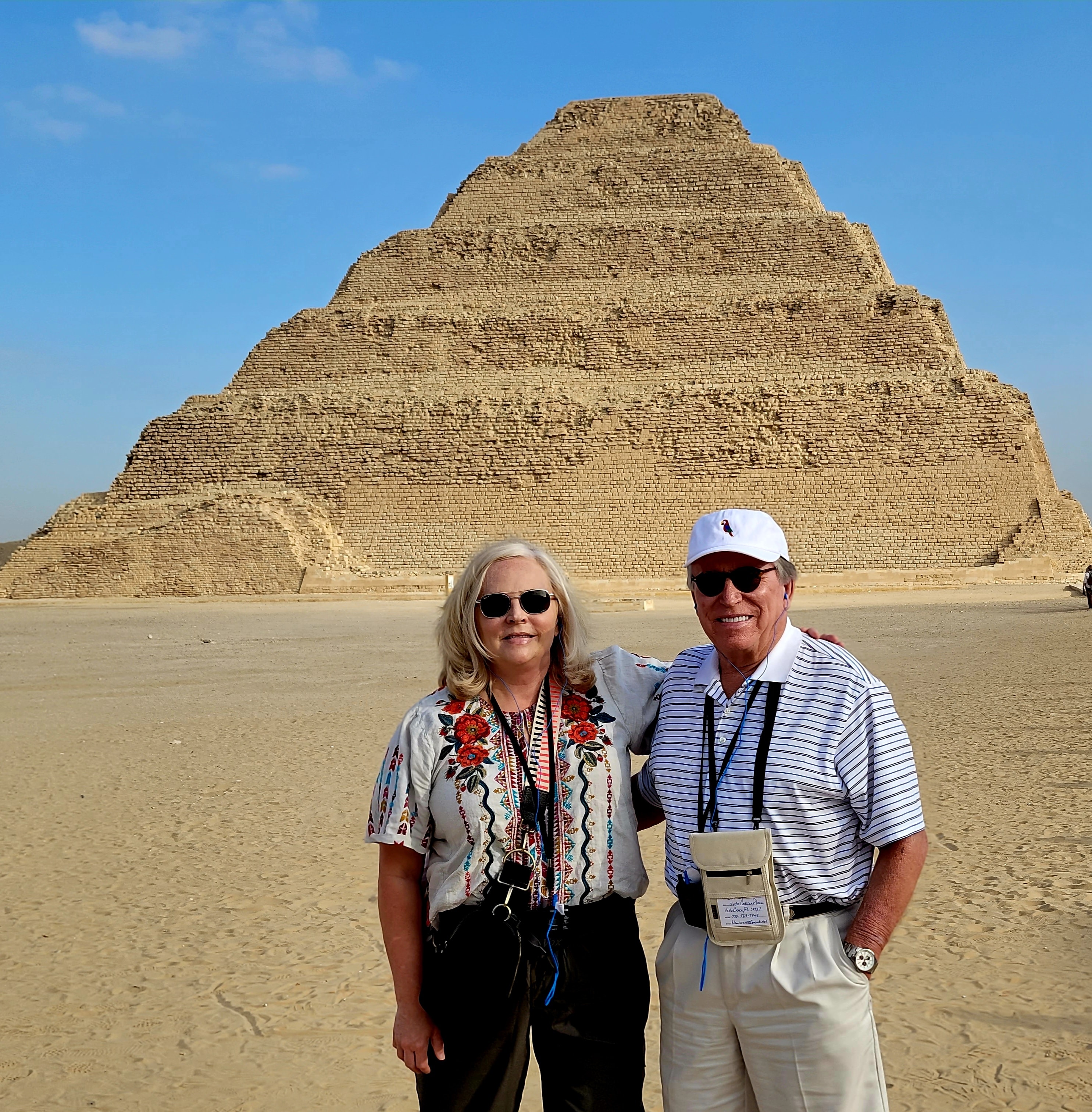 Linda and travel companion posing in front of the Step Pyramid of Saqqara